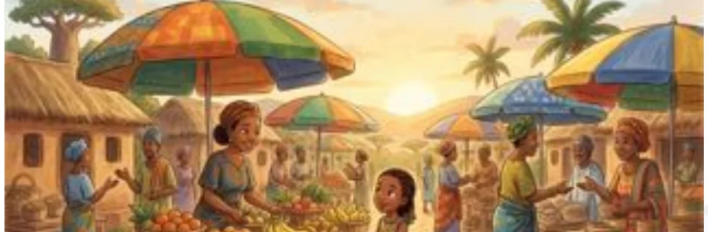 Ada in a thriving African market filled with smart baskets