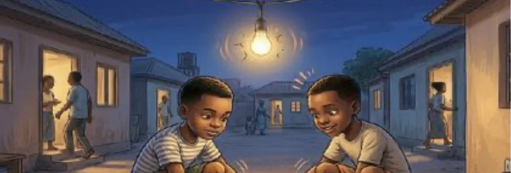 Sadiq and a friend working together beneath restored community light